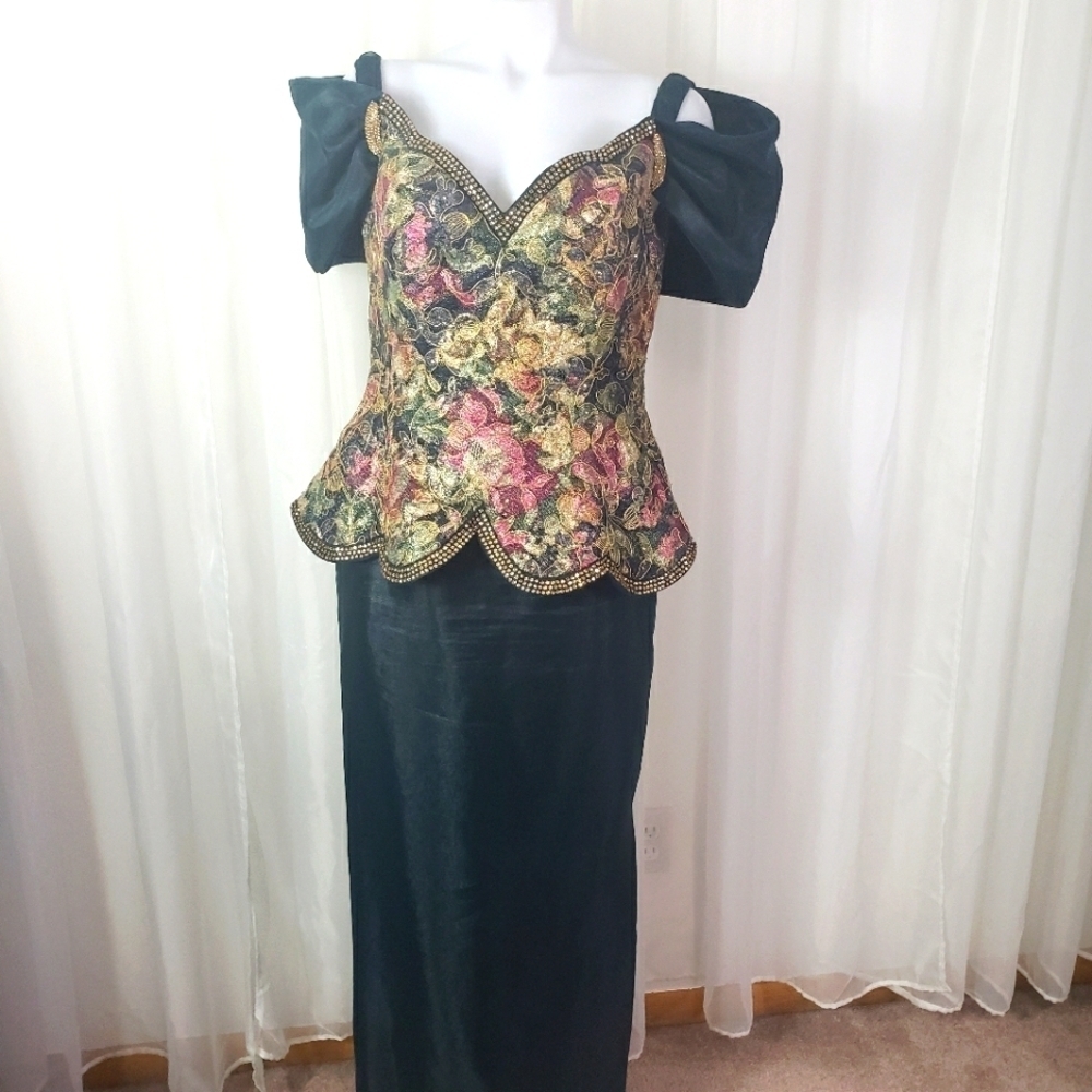 Rose Taft tapestry brocade hunter green gown off shoulder puff sleeve